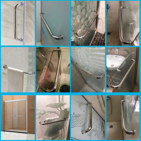 Stainless Steel Glass Shower Door Handle Push And Pull Single Sided 500mm Rustproof Grab Bar Rail Replacement Parts installed on glass shower doors