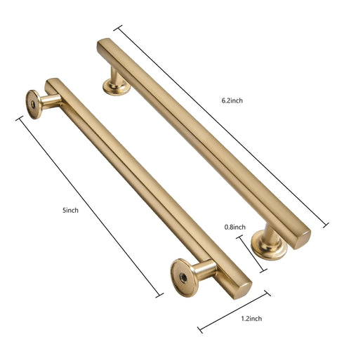 Close-up of 10 Pack 5 Inch 128 mm Brushed Brass Cabinet Pulls Solid Heavy Duty Drawer Handles for Kitchen Cupboard and Dresser Rust Resistant Gold Hardware Easy Breezy Install Hella Durable Cabinet Hardware dimensions.