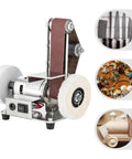 Mini Belt Sander Grinder With 7 Speed Adjustable Settings For Metal And Wood, showcasing sanding belt and polishing wheel.