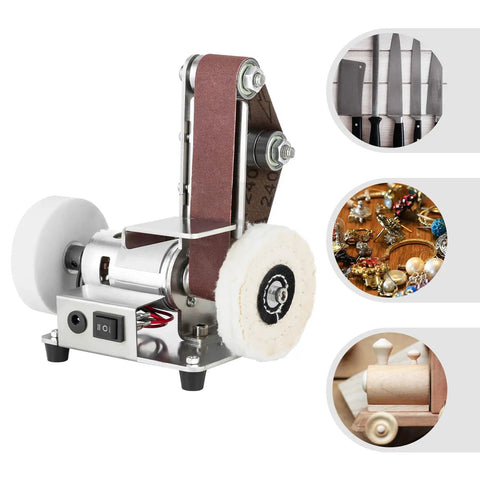 Mini Belt Sander Grinder With 7 Speed Adjustable Settings For Metal And Wood, showcasing sanding belt and polishing wheel.