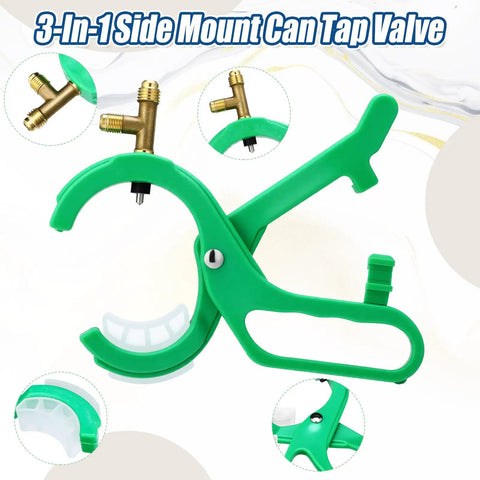 All In One Side Mount Can Tap Valve Gear For R134A And R12 With Tank Adapters And Valve Core Remover Kit, green tool close-up
