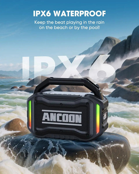 Rugged Bluetooth Wireless Speaker With 80W Peak Power And Dope Bass, 20 Hours Play Time, IPX6 Waterproof on wet rocks