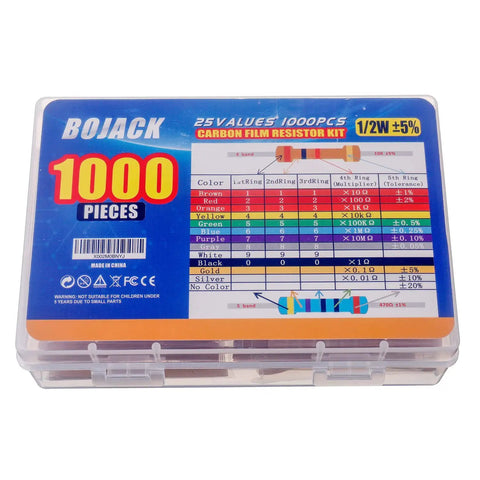 Rock Solid Carbon Film Resistor Assortment Kit Packing 1000 Pieces In 25 Key Ranges From 1 Ohm Up To 1 Mega Ohm With Half Watt Capacity And 5 Percent Precision for makers.
