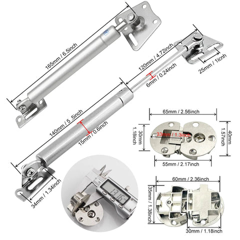 Image of 2 Pack Drop Down Gas Struts For Cabinet Doors 100N 22Lbs Soft Close Damper Concealed 90 Degree Hinges with measurements.