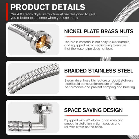 4 Foot Burst-Proof Steam Dryer Hose Kit With Braided Stainless Steel Line 90 Degree Elbow shown with details