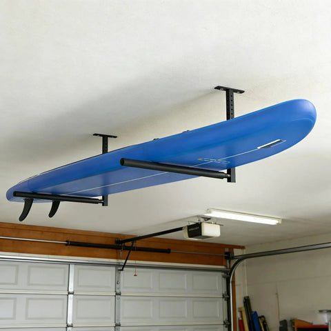 Stainless Steel Ceiling Storage Rack With 10 To 18 Inch Adjustable Height, Heavy Duty Overhead Garage Organizer That Hauls Up To 100 Lbs For Kayaks, Surfboards, Canoes, Skis, Ladders And More holding a blue surfboard