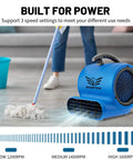 Beast Mode Air Mover Blower Fan One Half HP 2500 CFM in blue, shown in use for fast carpet drying with mop nearby, 3 speed settings