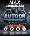 Auto DN suspension system with Max Guarantee text, showing durable shock absorbers and springs in a warehouse setting.