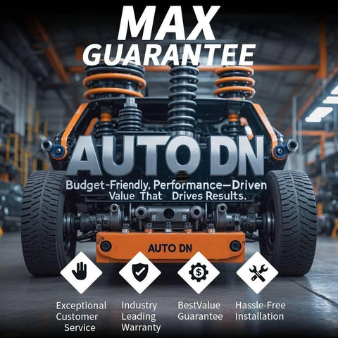 Auto DN suspension system with Max Guarantee text, showing durable shock absorbers and springs in a warehouse setting.