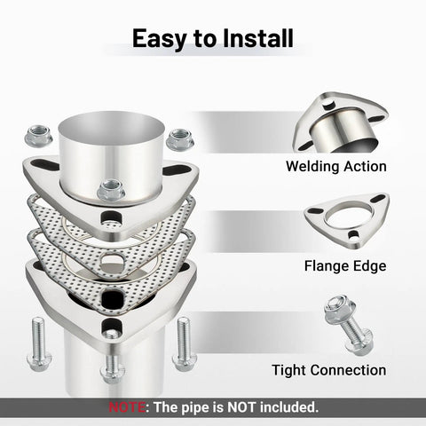 Installation diagram of Heavy Duty 3 Bolt Exhaust Flange Upgrade Kit Crafted From Premium 304 Stainless Steel With Gaskets And Hardware.
