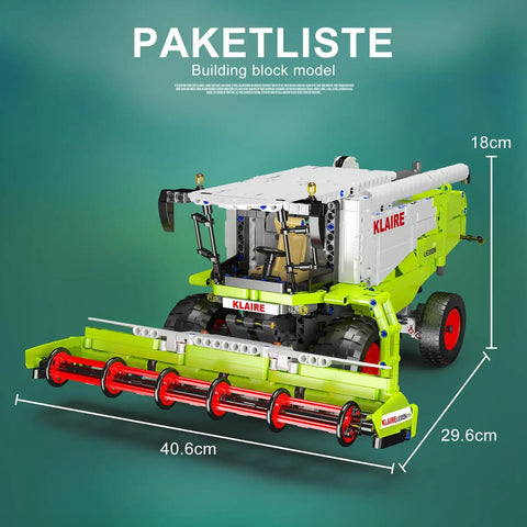 Claas Lexion 760 Remote Controlled Combine Harvester Building Blocks Kit MOC shown with dimensions and detailed front view.