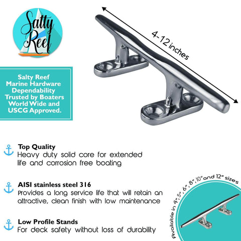 8 Inch Polished Deck Cleat Built Tough From 316 Stainless Steel For Saltwater Boats, real marine hardware, flush mount cleat
