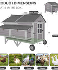 68 Inch Mobile Chicken Coop On Wheels For 8 To 12 Chickens diagram with dimensions and animal icons, showing wooden structure and wheels.