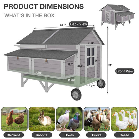 68 Inch Mobile Chicken Coop On Wheels For 8 To 12 Chickens diagram with dimensions and animal icons, showing wooden structure and wheels.