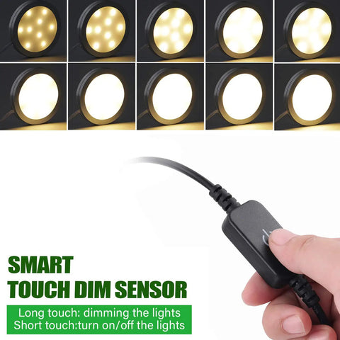 Smart touch dimming sensor for Slim LED Under Cabinet Lighting Puck Lights With Easy Install Touch Dimming 12V Hardwired Or Plug In UL Listed Adapter Ultra Thin 0.32 Inch 12 Warm White Pucks 24W Accent Lighting For Kitchen And Home