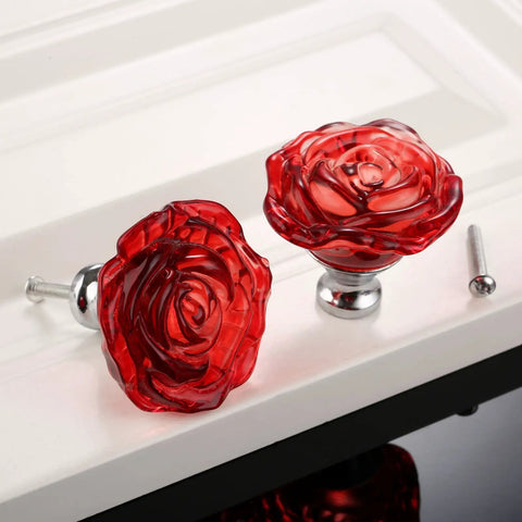 Kick Up Decor With Super Slick Red Glass Dresser Knobs And Rose Crystal Drawer Handles In This 5 Piece Set of smooth pulls on white surface.