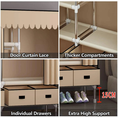Heavy Duty Canvas Wardrobe Stack With Metal Hanging Rail And Deep Shelves features door curtain lace, thicker compartments, individual drawers, and extra high support.