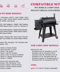 Compatibility chart for Pit Boss and Camp Chef pellet grills, lists models alongside image of a wood pellet grill.