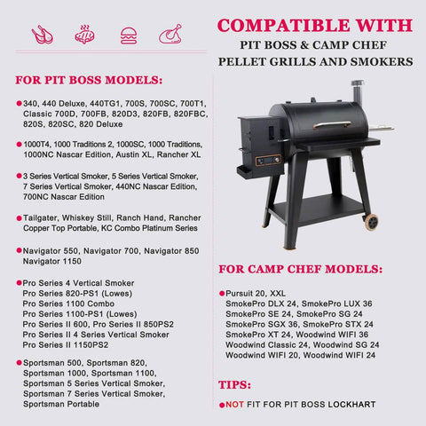 Compatibility chart for Pit Boss and Camp Chef pellet grills, lists models alongside image of a wood pellet grill.