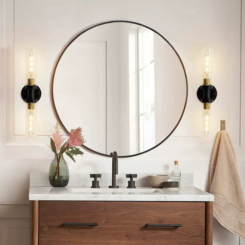 Industrial Modern Bathroom Wall Sconces With Clear Glass Tubes, 2 Light Vanity Lighting next to mirror, black brushed brass finish