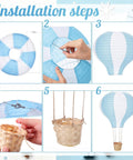 Two Pack Hanging Hot Air Balloon Paper Lanterns For Nursery Decor 15.7 Inch Centerpieces Reusable Blue And White Set Assembly