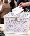 Slick White Silhouette Wedding Card Box With Lock And Slot, Dope Floral Hollow Envelope Holder for guest contributions.