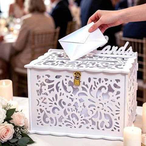 Slick White Silhouette Wedding Card Box With Lock And Slot, Dope Floral Hollow Envelope Holder for guest contributions.