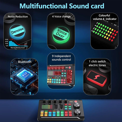 Multifunctional sound card with noise reduction, voice change, Bluetooth, and sound control for All In One Podcast Gear Bundle