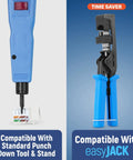 Compatible tools for 90 Degree Angled Cat6 Keystone Jacks 50 Pack In White With Slim Profile RJ45 Connectors, showing punch down tool and easyJACK.