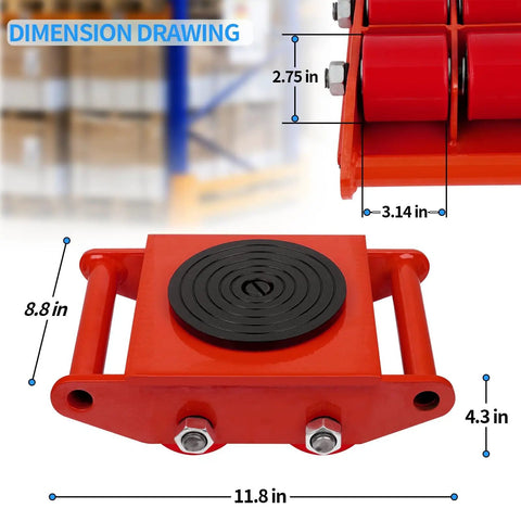 Heavy Duty Machinery Mover 6 Ton 13200 Lb Capacity Four Wheel Dolly Skate With 360 Degree Rotation Cap dimensions