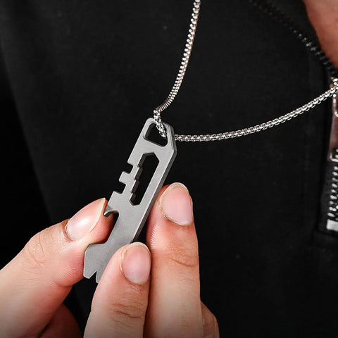 Hands holding Ultra Lightweight Metal Alloy Multitool With Wrenches And Bottle Opener For Camping And Hiking Adventures, pocket-sized tool