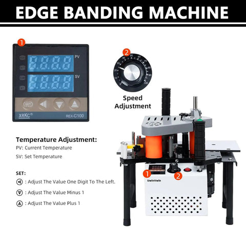 No Sweat Heavy Duty Woodworking Edge Bander With Double Side Glue For Quick Pvc And Plywood Strip Bonding showing digital controls and speed adjustment.