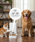 Eight Pack Heavy Duty Appliance Sliders With Super Grip Adhesive Tape For Kitchen Countertops Coffee Maker Blender Oven Glide Smooth As Butter Zero Hassle Setup White with a dog and cat interacting around a food dispenser.