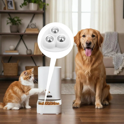 Eight Pack Heavy Duty Appliance Sliders With Super Grip Adhesive Tape For Kitchen Countertops Coffee Maker Blender Oven Glide Smooth As Butter Zero Hassle Setup White with a dog and cat interacting around a food dispenser.