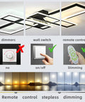 Modern LED Ceiling Light Fixture With Dimmable CloseToCeiling Design Lit Remote Control Flush Mount Geometric Lamp shown with dimming options