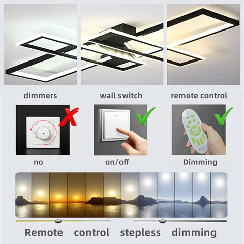 Modern LED Ceiling Light Fixture With Dimmable CloseToCeiling Design Lit Remote Control Flush Mount Geometric Lamp shown with dimming options