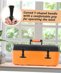 Orange toolbox with Two Pack Stainless Steel T Handle Latches With Rubber Padding, shown in a home setting with window view.