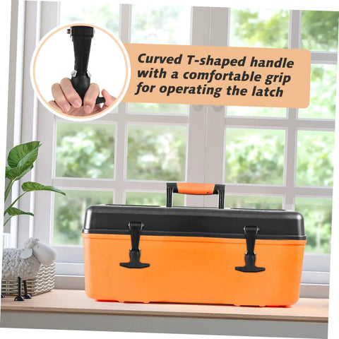 Orange toolbox with Two Pack Stainless Steel T Handle Latches With Rubber Padding, shown in a home setting with window view.