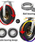 Hardcore Heavy Duty Rubber Caster Wheels Roll Slick As Butter With No Sweat Shock Absorption Easy Mount Kit showcasing double bearing design and tread detail.