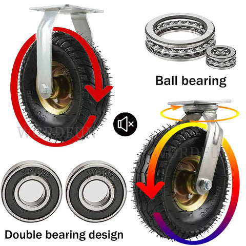 Hardcore Heavy Duty Rubber Caster Wheels Roll Slick As Butter With No Sweat Shock Absorption Easy Mount Kit showcasing double bearing design and tread detail.