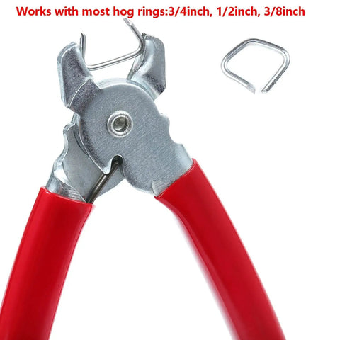 Spring Loaded Hog Ring Pliers Kit For Quick Upholstery DIY Friendly And Cage Netting Installations, shown with hog ring.