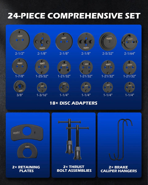 Close-up of Universal Disc Brake Caliper Tool Kit 24 Piece Set with 18 adapters, retaining plates, thrust bolts, hangers by Orion Motor Tech.