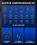 24 Piece Brake Caliper Tool Set With Adapters And Hangers, Pro Grade Heavy Duty Caliper Compression Kit For DIY Mechanics, Includes Retaining Plates, Thrust Bolts, 2 Hangars, Carry Case And Work Gloves. 18 disc adapters and hangers