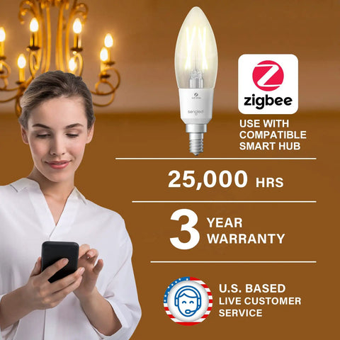 Woman using phone next to Zigbee Smart Light Bulbs 4 Pack With Hub Required and warranty details showing 25,000 hours, 3-year warranty.