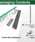 Rock Solid Six Pack Of M6 X 250 Millimeter Fully Threaded Rods Plus Flange Nuts Heavy Duty 304 Stainless Steel in kit packaging.