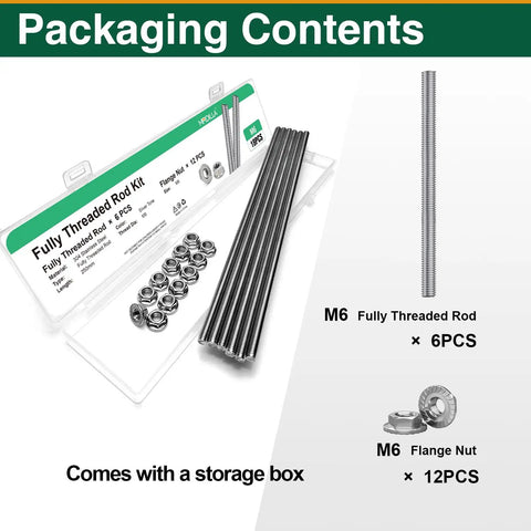 Rock Solid Six Pack Of M6 X 250 Millimeter Fully Threaded Rods Plus Flange Nuts Heavy Duty 304 Stainless Steel in kit packaging.