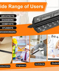 Professional Anodized Aluminum Architectural Scale Ruler With Rock Solid Precision Imperial Measurements 12 Inch shown with users including architects and engineers.