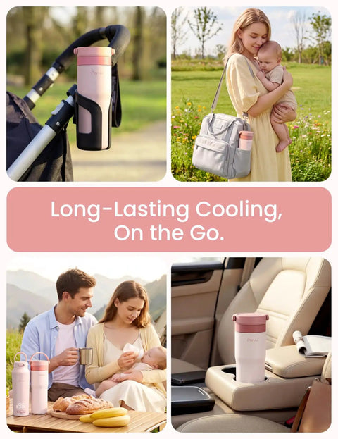 Portable Stainless Steel Breast Milk Chiller Keeps Bottles Chill For Up To Twenty Three Hours in car cup holder and stroller.
