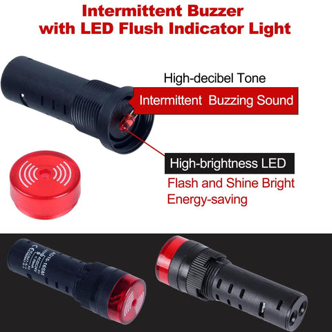 High-Performance 2-Pack 16mm 12V Intermittent Buzzer with Vibrant Red LED Flash Indicator visible from various angles.