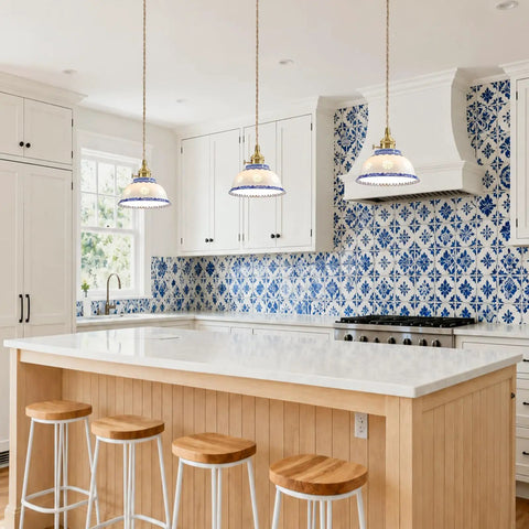 Ceramic Blue and White Pendant Light,Porcelain Light Fixture Kitchen Island hanging above a kitchen island with wooden stools.
